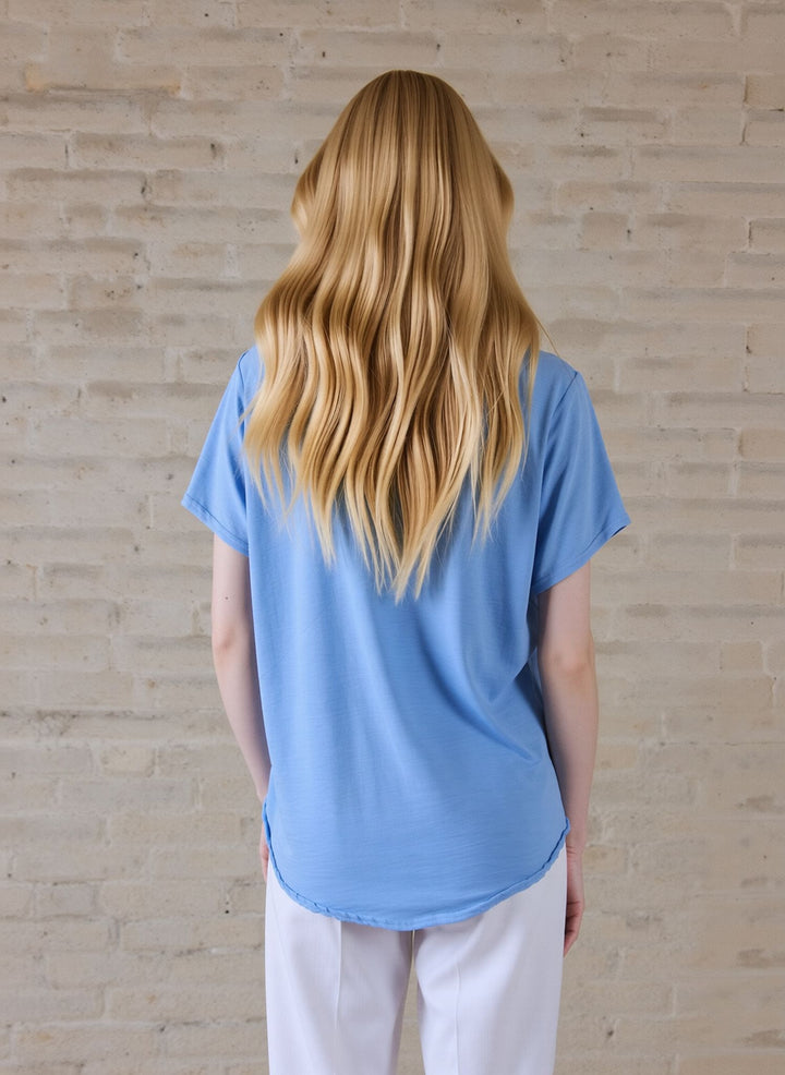 Baby Blue Zip Front V-Neck Loose Fit Blouse Top