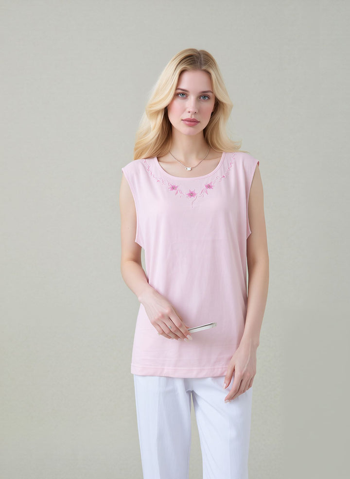 Baby Pink Embroidered Sleeveless Top Soft Casual Summer Vest