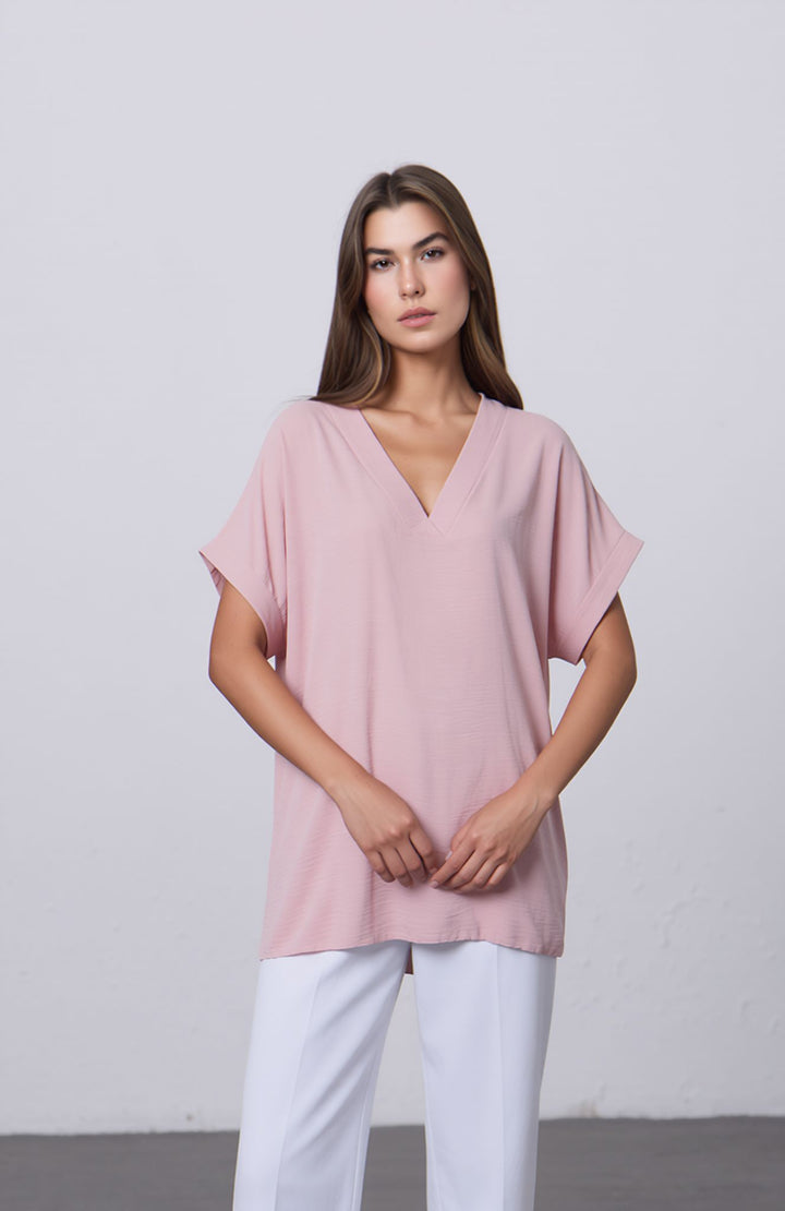 Baby Pink V-Neck Batwing Top with Pendant Necklace Elegant Loose Fit Short Sleeve Blouse