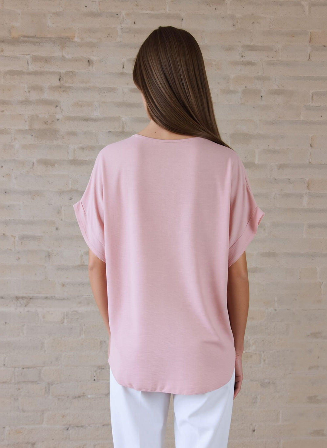 Baby Pink V-Neck Batwing Top with Pendant Necklace Elegant Loose Fit Short Sleeve Blouse