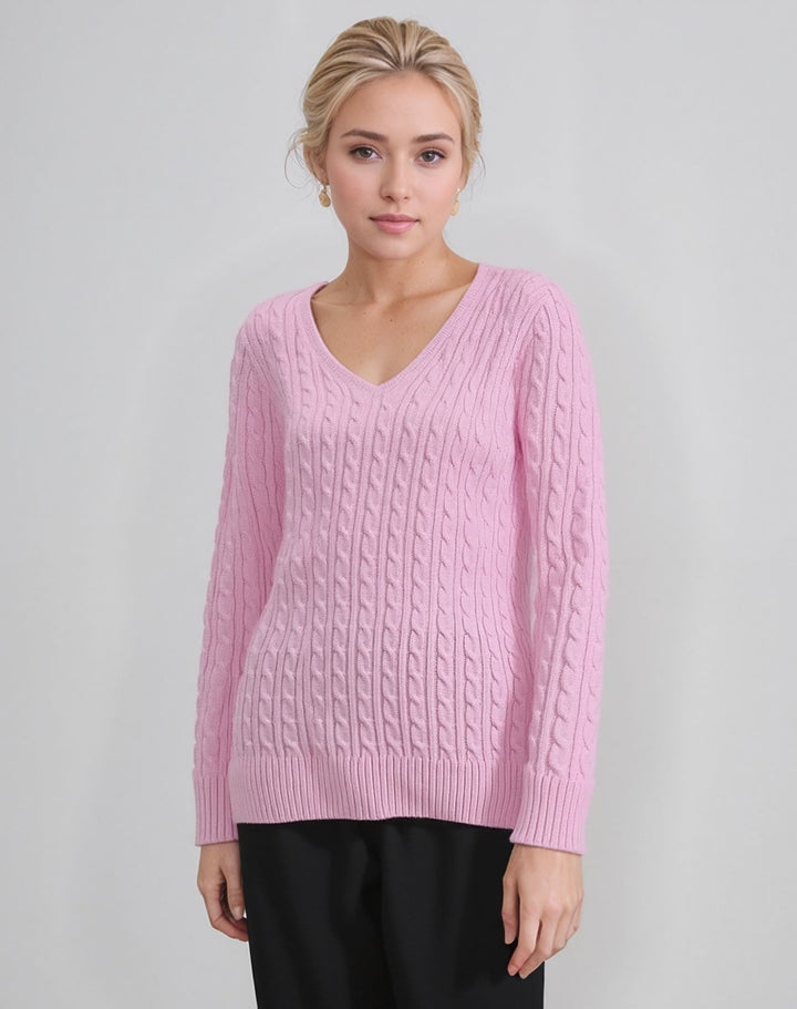 Baby Pink V-Neck Cable Knit Jumper