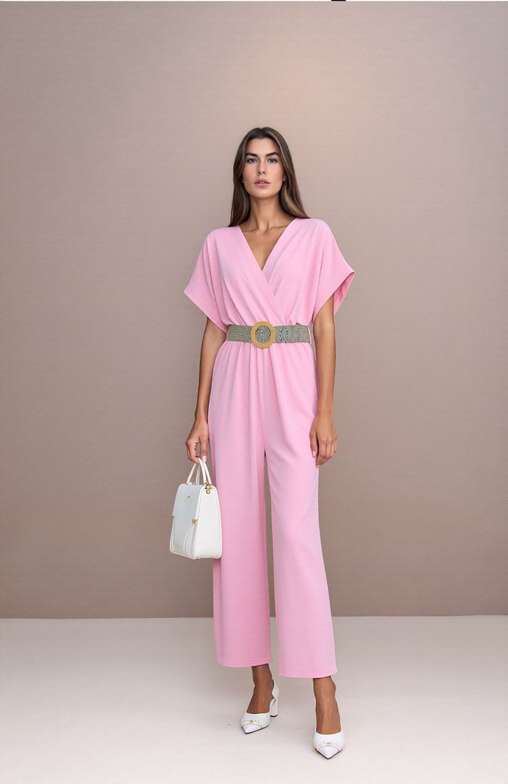 Baby Pink V-Neck Wide Leg Jumpsuit with Belt