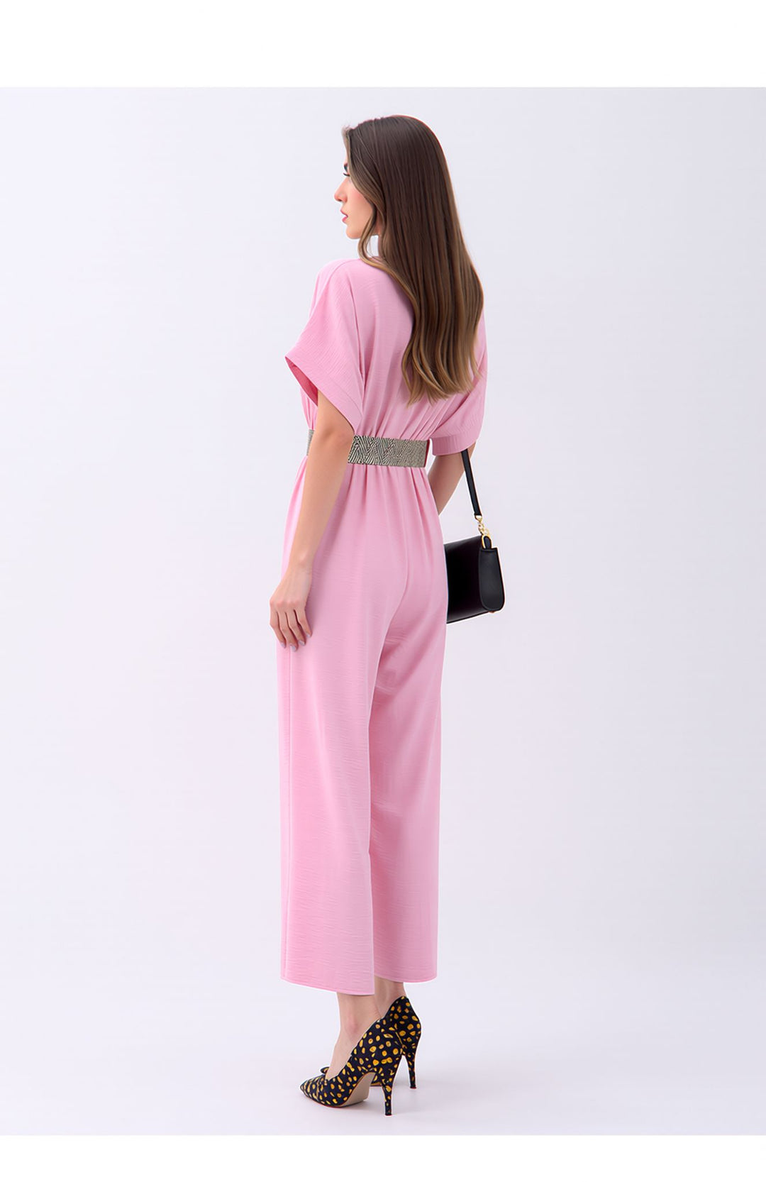 Baby Pink V-Neck Wide Leg Jumpsuit with Belt