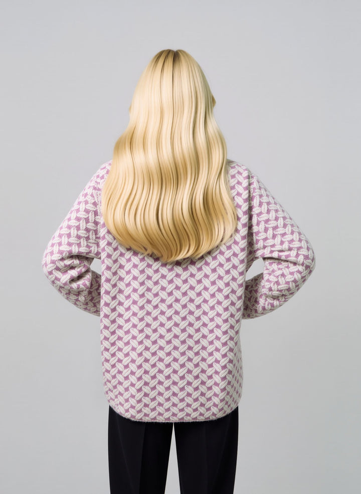 Baby Pink & Cream Jacquard Knit Button-Up Premium Heavy Cardigan