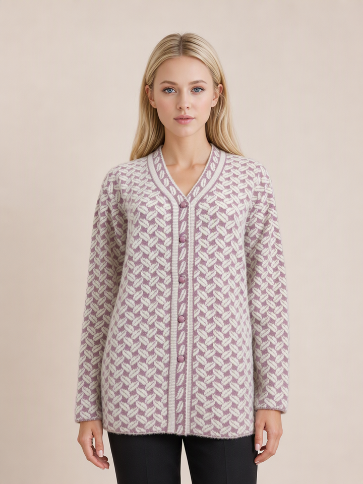 Baby Pink & Cream Jacquard Knit Button-Up Premium Heavy Cardigan