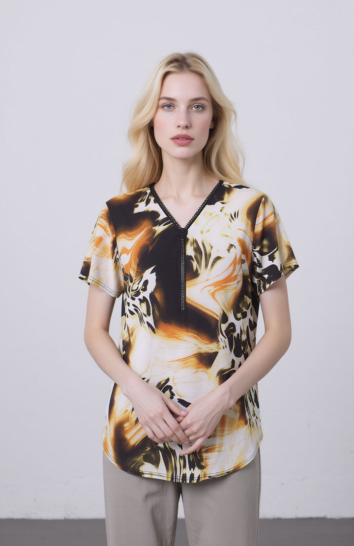Beige Abstract Print V-Neck Blouse Short Sleeve Top with Zip Detail