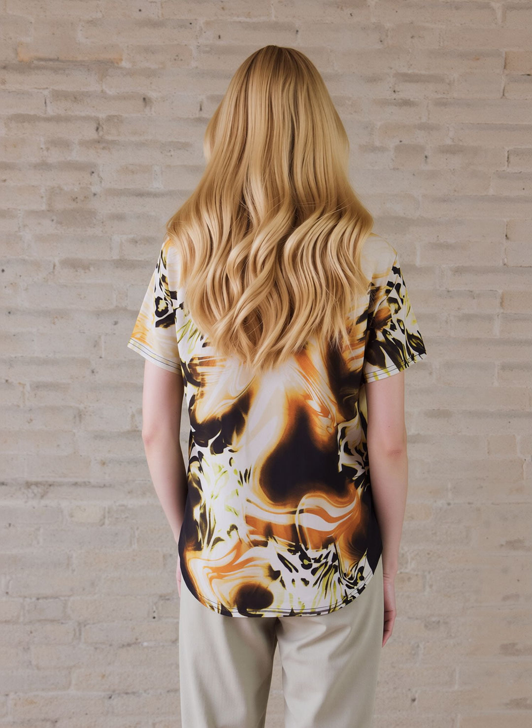 Beige Abstract Print V-Neck Blouse Short Sleeve Top with Zip Detail