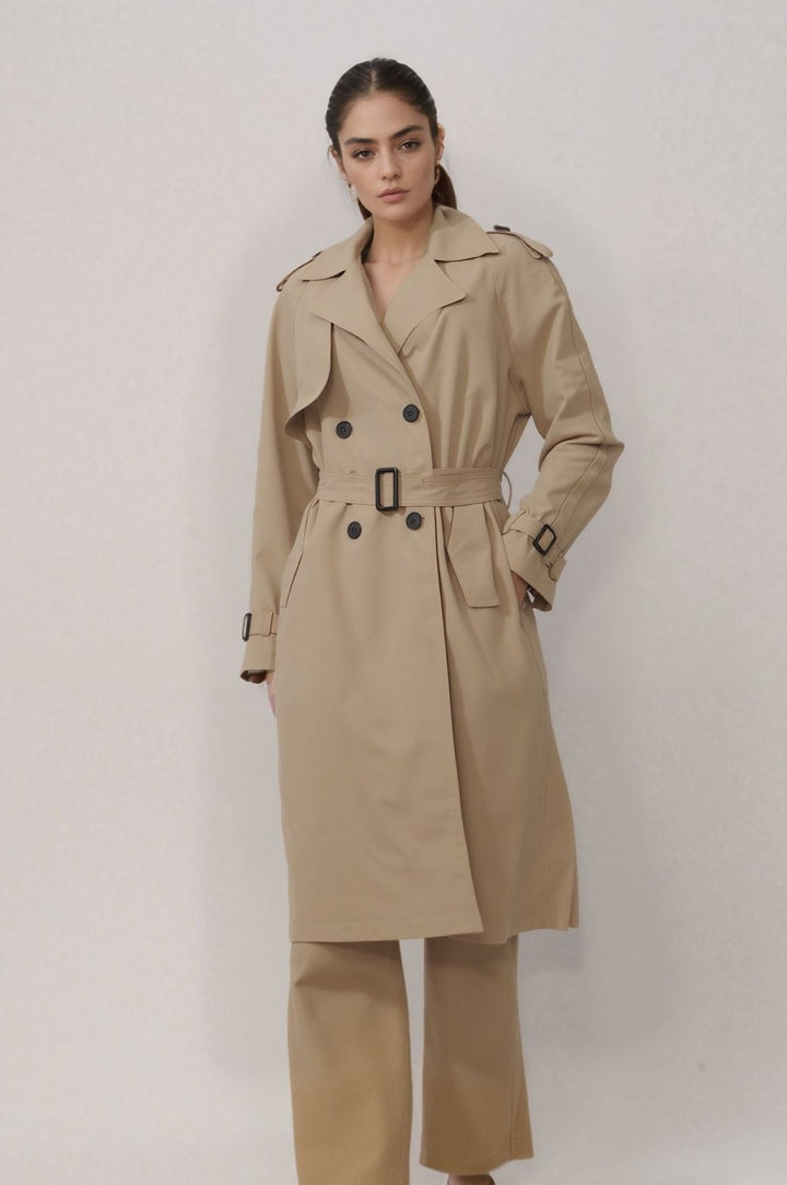 Beige Belted Lined Long Trench Coat