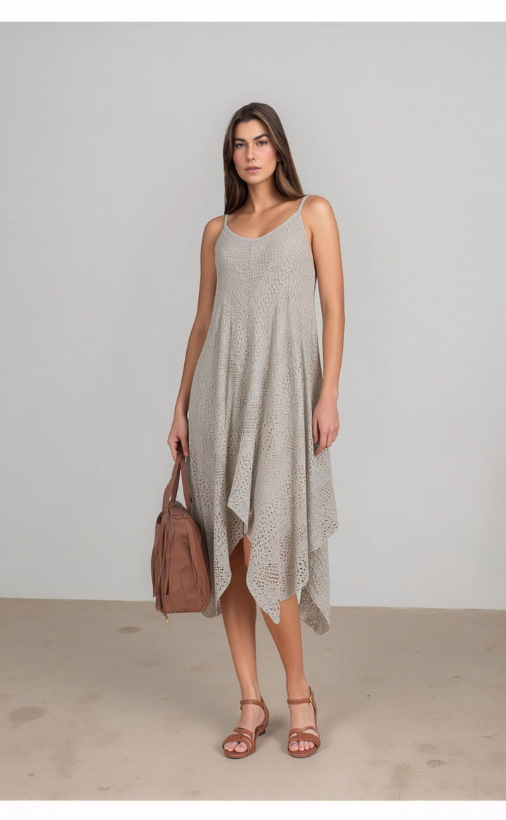 Beige Broderie Anglaise Summer Holiday Sleeveless Cotton Look Dress