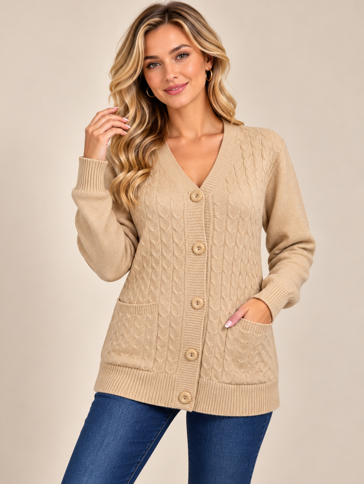 Beige Classic Cable Knit V-Neck Button Cardigan with Pockets