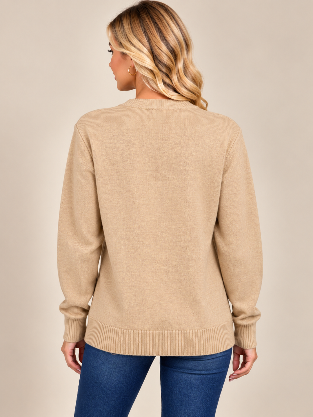 Beige Classic Cable Knit V-Neck Button Cardigan with Pockets