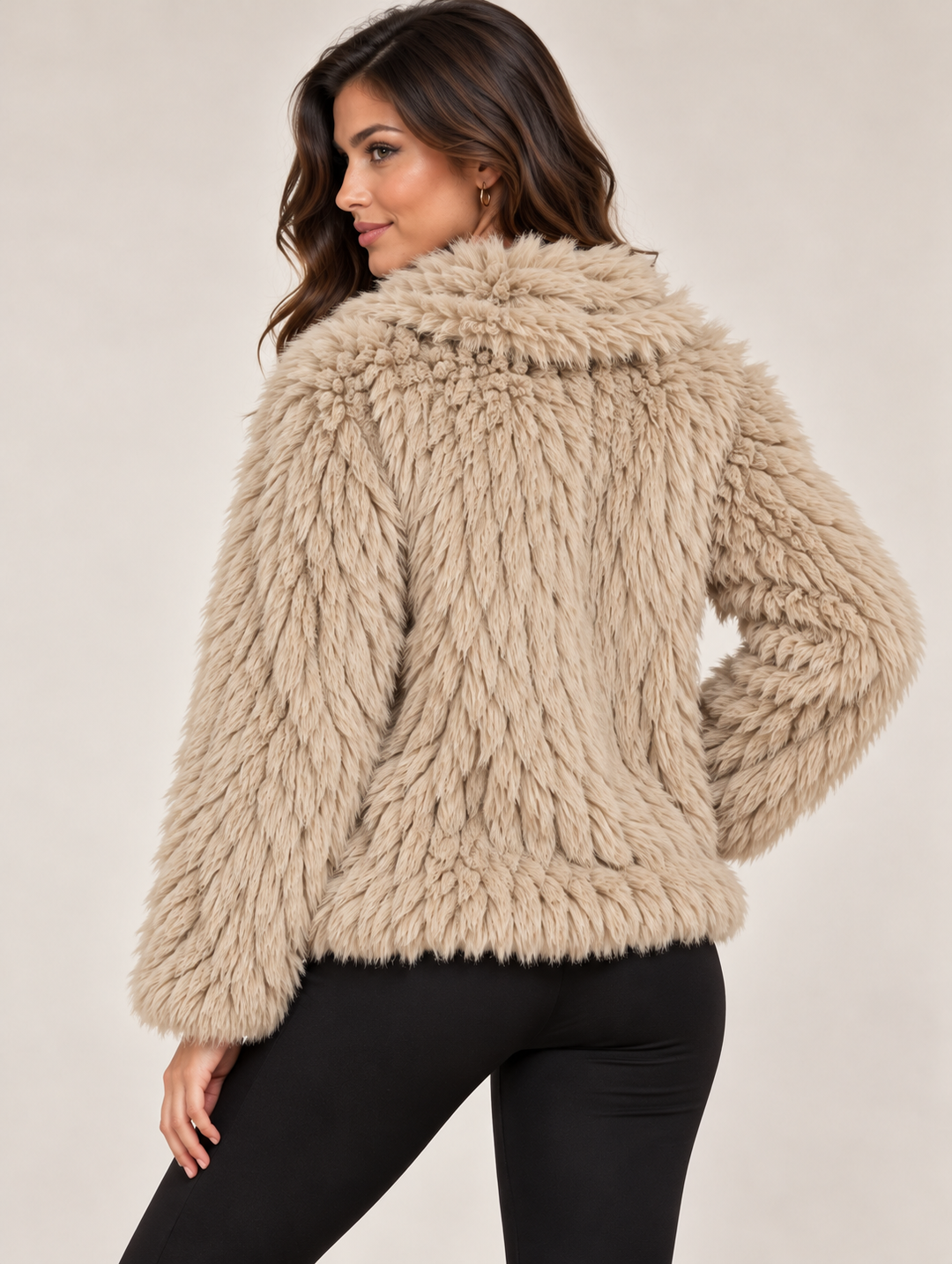 Beige Collar Luxury Long Pile Faux Fur Zip-Up Jacket