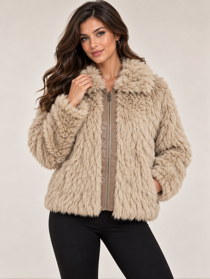 Beige Collar Luxury Long Pile Faux Fur Zip-Up Jacket