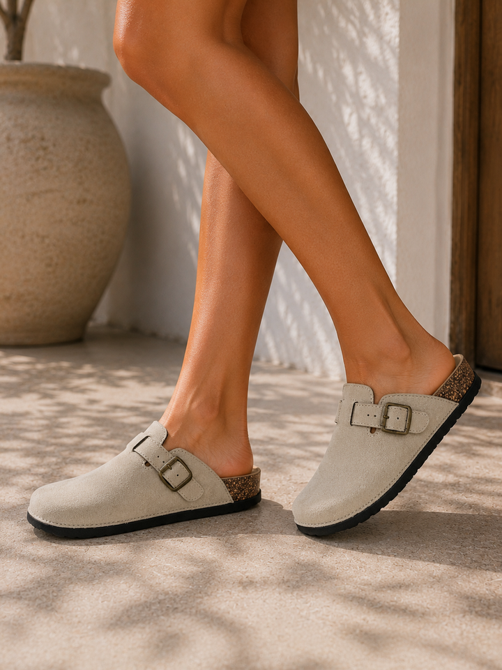 Beige Comfort Buckle Cork Footbed Clogs Slip-On Faux Suede Mules