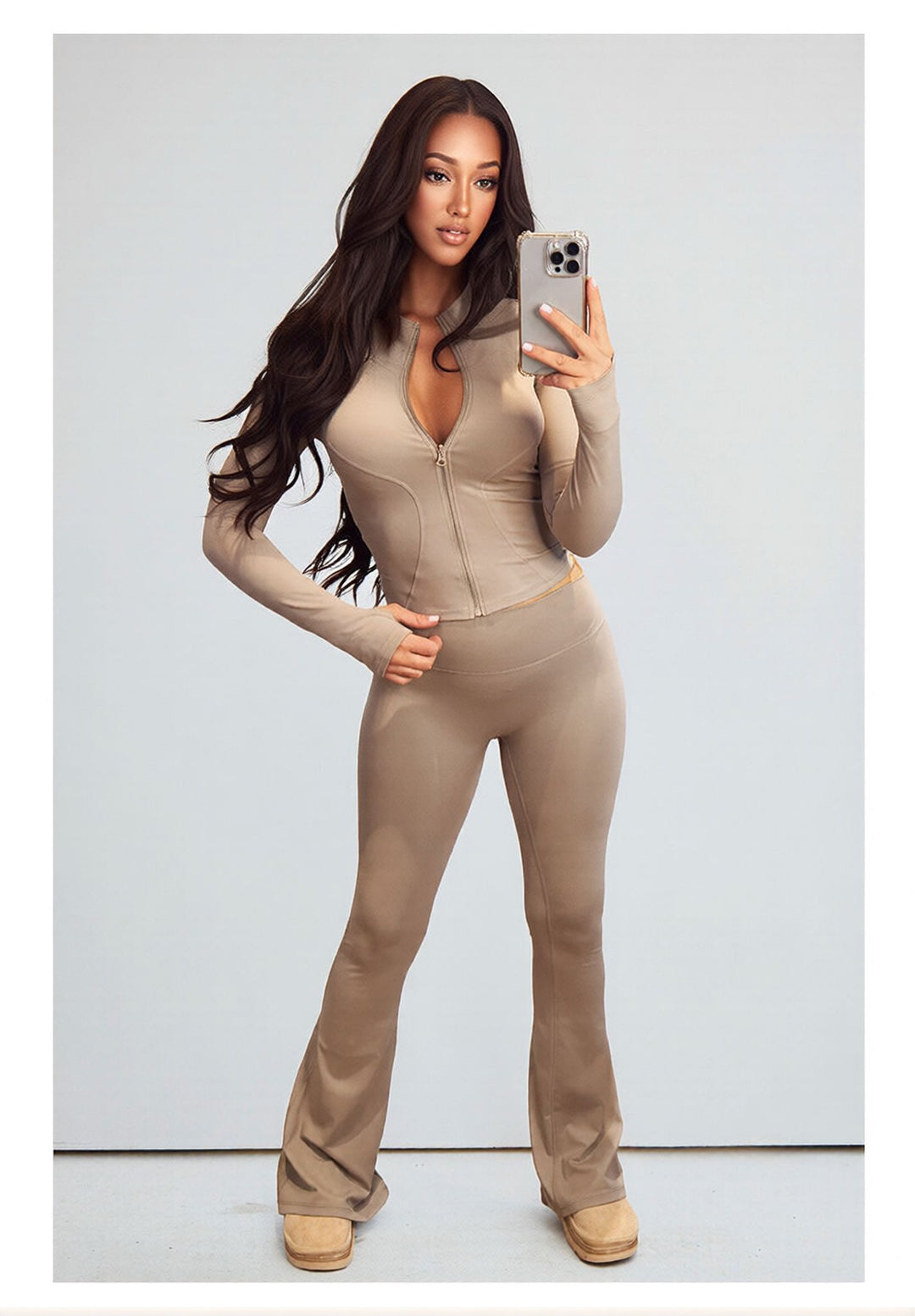 Beige Contour Sculpt Flare Trousers and Zip Sports Jacket Gym Co-Ord