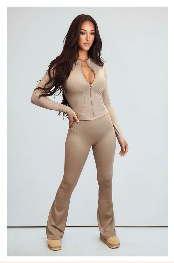 Beige Contour Sculpt Flare Trousers and Zip Sports Jacket Gym Co-Ord