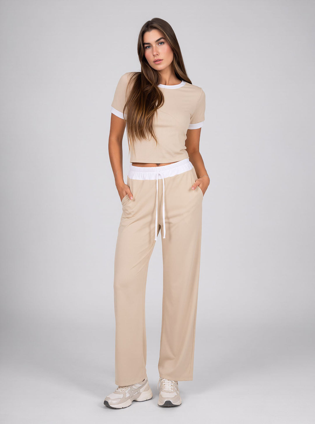 Beige Contrast Trim Lounge Set with Wide Leg Pants & Cropped T-Shirt Co-ord