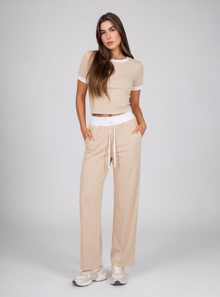 Beige Contrast Trim Lounge Set with Wide Leg Pants & Cropped T-Shirt Co-ord