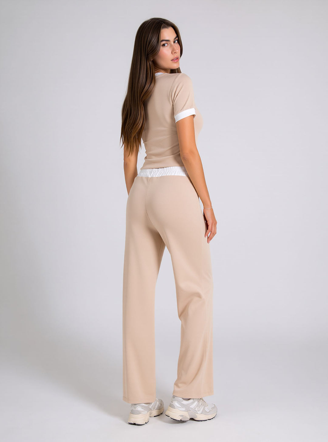 Beige Contrast Trim Lounge Set with Wide Leg Pants & Cropped T-Shirt Co-ord