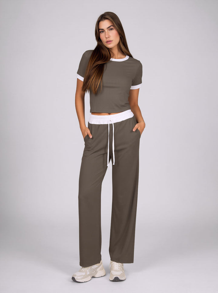 Beige Contrast Trim Lounge Set with Wide Leg Pants & Cropped T-Shirt Co-ord