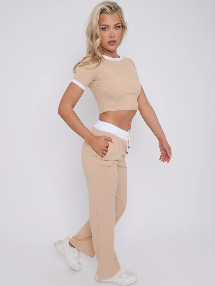 Beige Contrast Trim Ribbed Crop Top & Wide Leg Trousers Loungewear Co-ord Set 