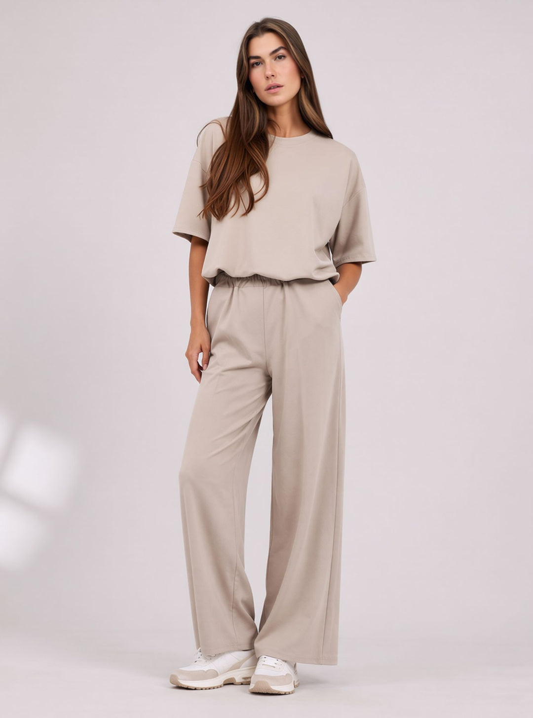 Beige Cropped Top & Wide Leg Trouser Set with Seam Detail Co-ord