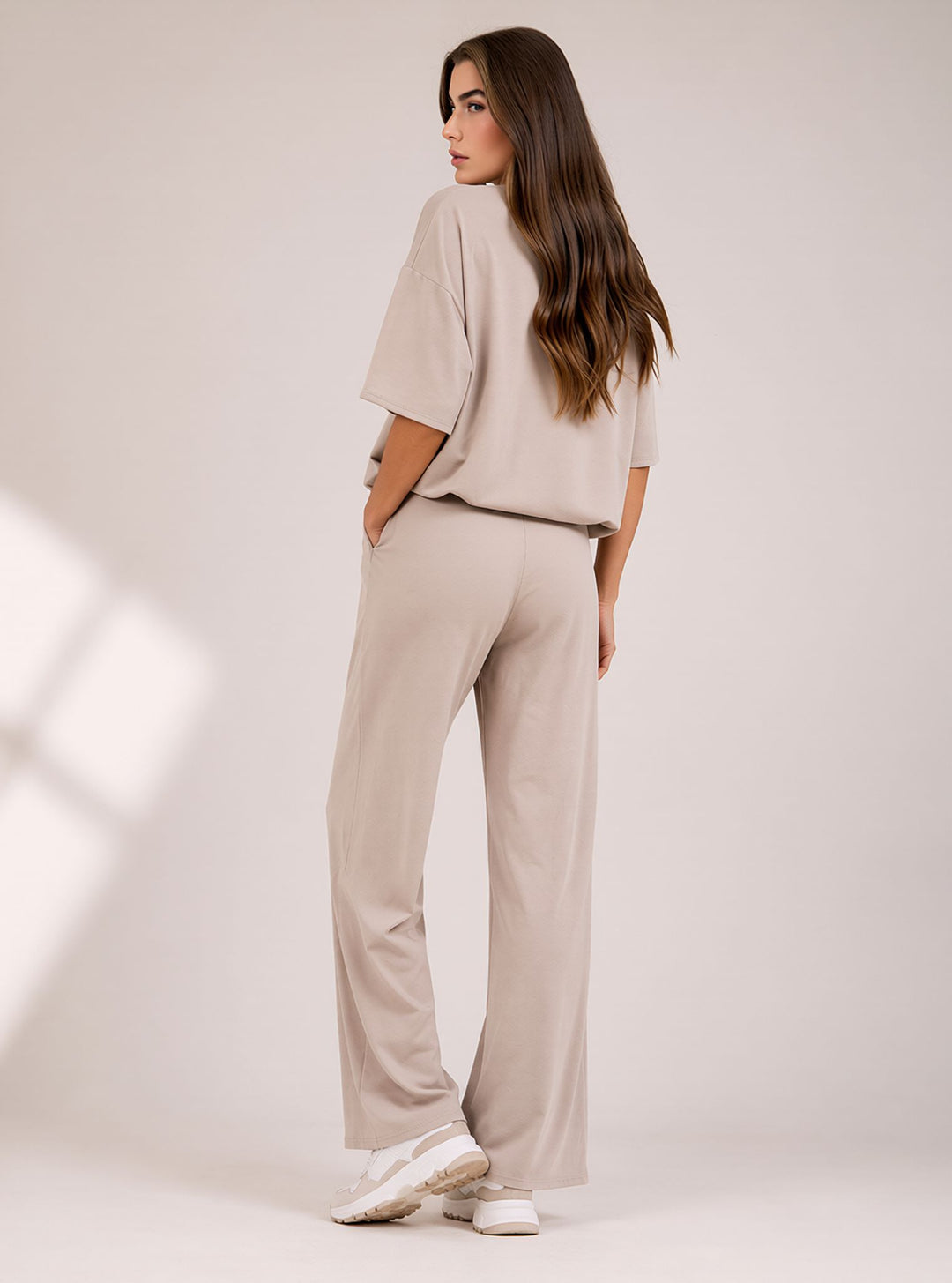 Beige Cropped Top & Wide Leg Trouser Set with Seam Detail Co-ord