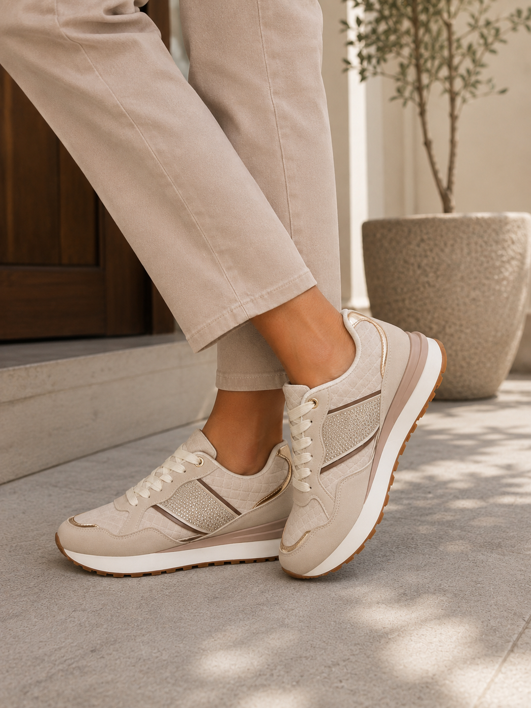 Beige Diamante Lace-Up Fashion Trainers with Metallic Detail & Cushioned Sole