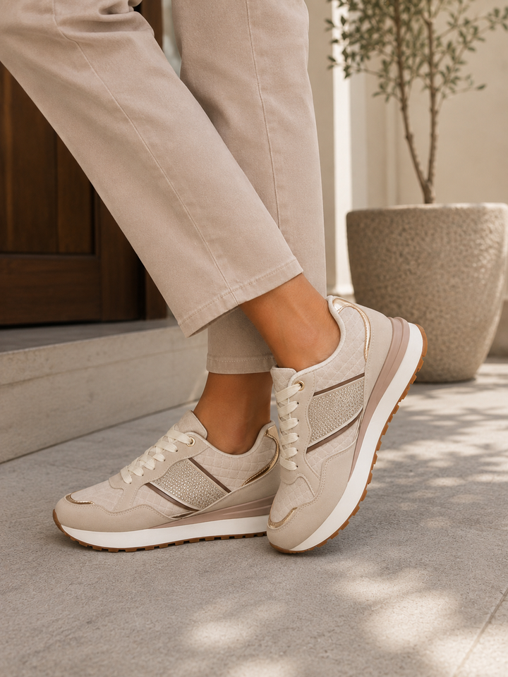 Beige Diamante Lace-Up Fashion Trainers with Metallic Detail & Cushioned Sole