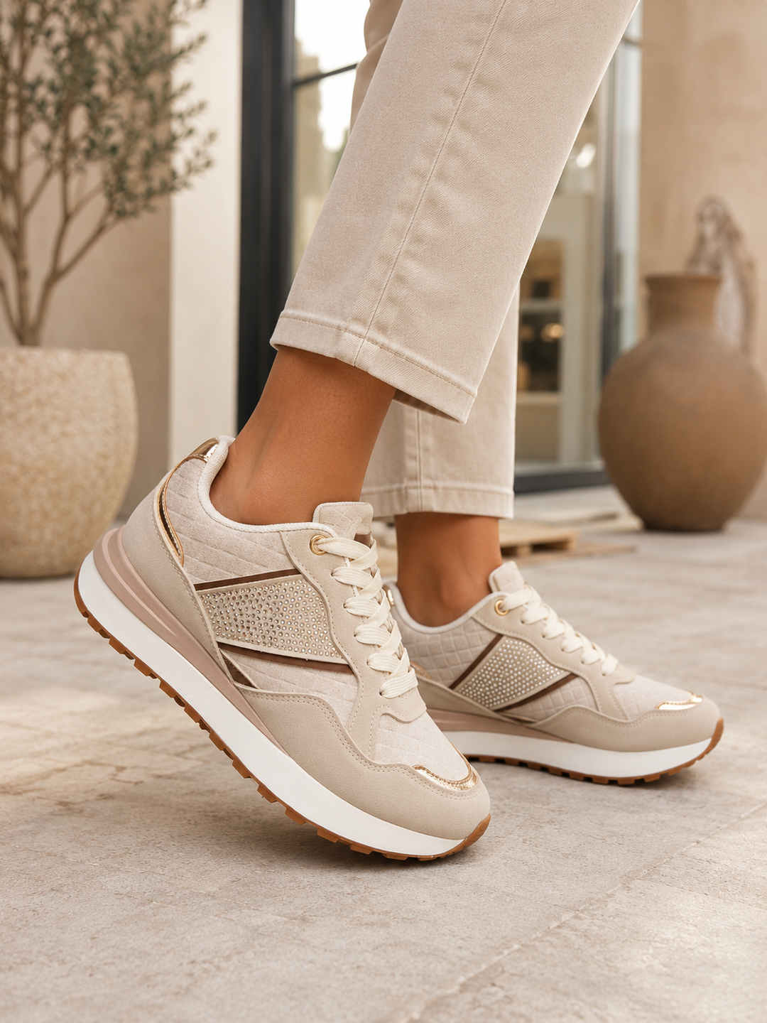 Beige Diamante Lace-Up Fashion Trainers with Metallic Detail & Cushioned Sole
