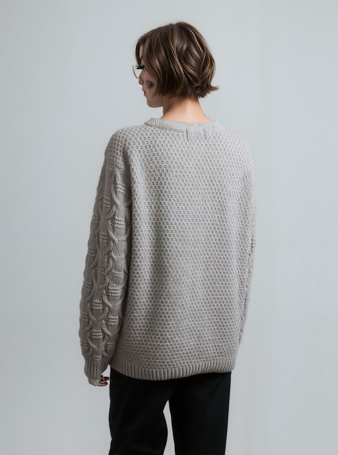 Beige Diamond Design Aran Style Round Neck Jumper