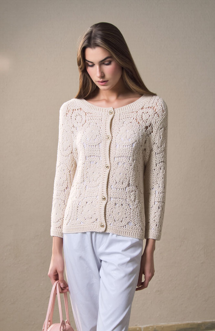Beige Elegant Crochet Button Lightweight Knit Lace Detail Cardigan