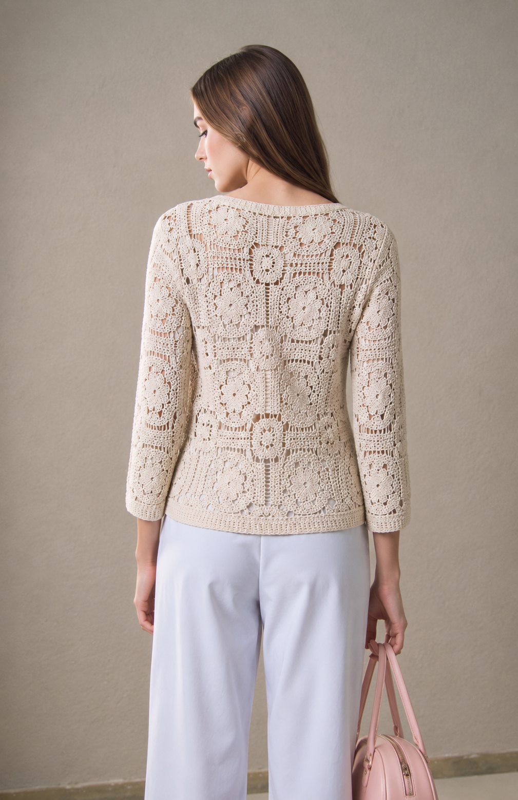 Beige Elegant Crochet Button Lightweight Knit Lace Detail Cardigan