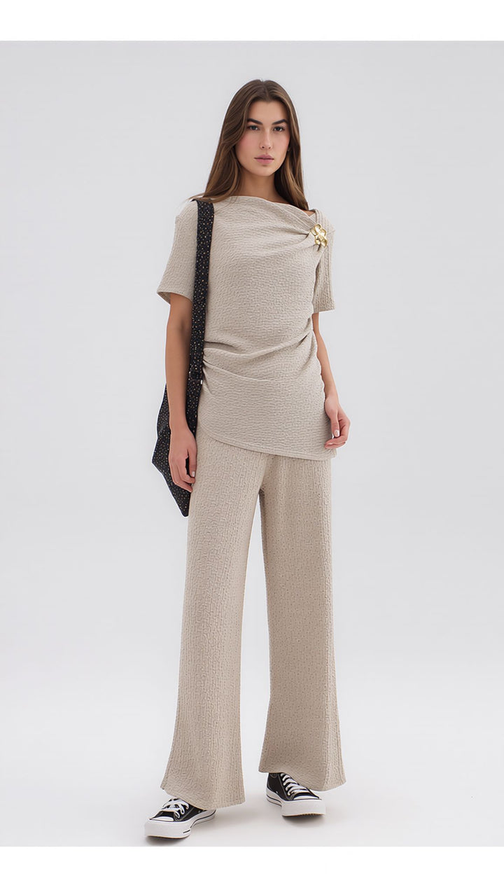 Beige Elegant Draped Co-Ord Set Wide Leg Trouser & Occasion Top Outfit