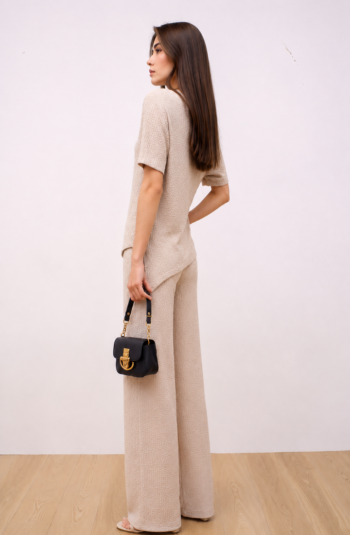 Beige Elegant Draped Co-Ord Set Wide Leg Trouser & Occasion Top Outfit