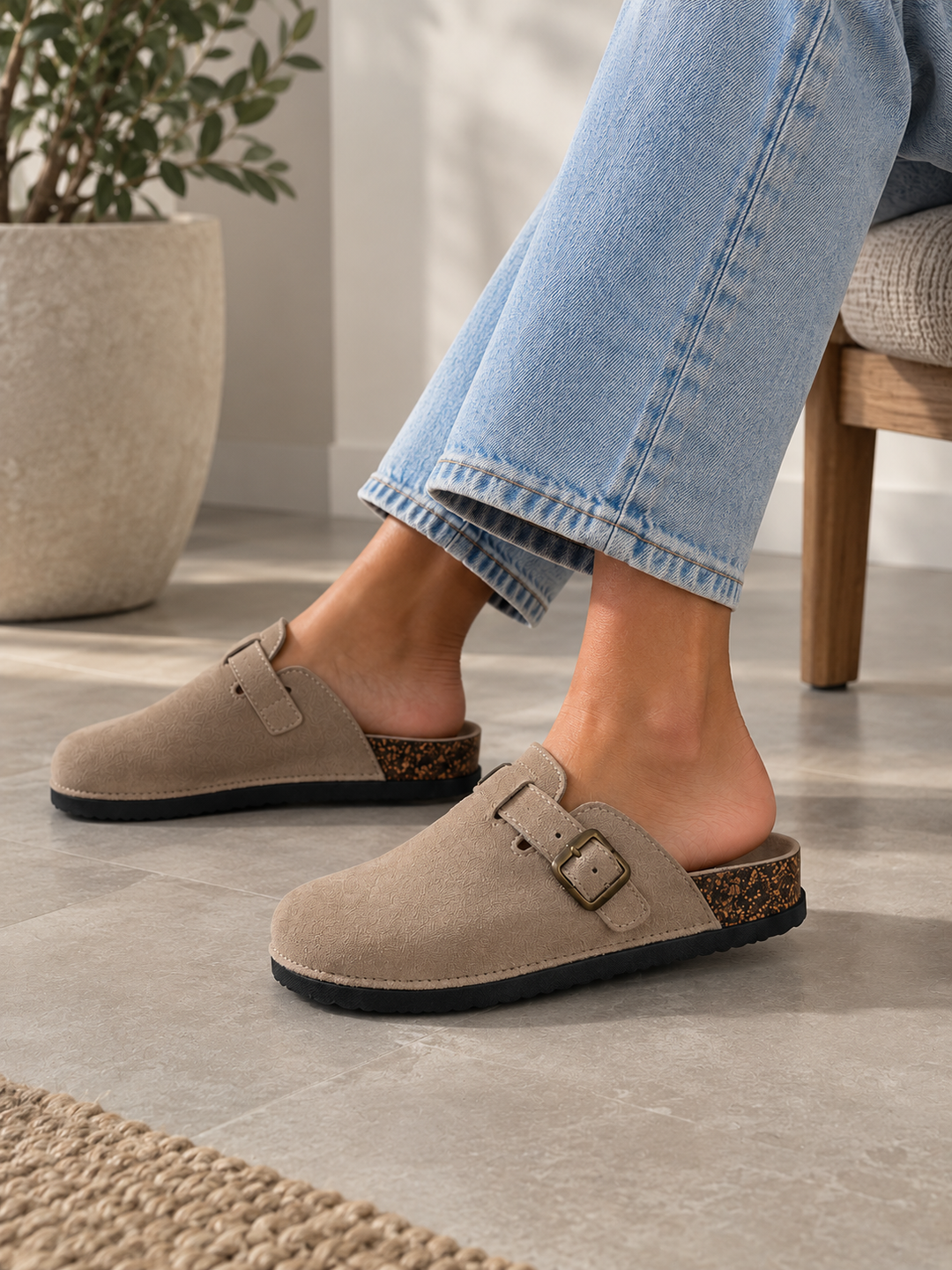 Beige Comfort Buckle Cork Footbed Clogs Slip-On Faux Suede Mules