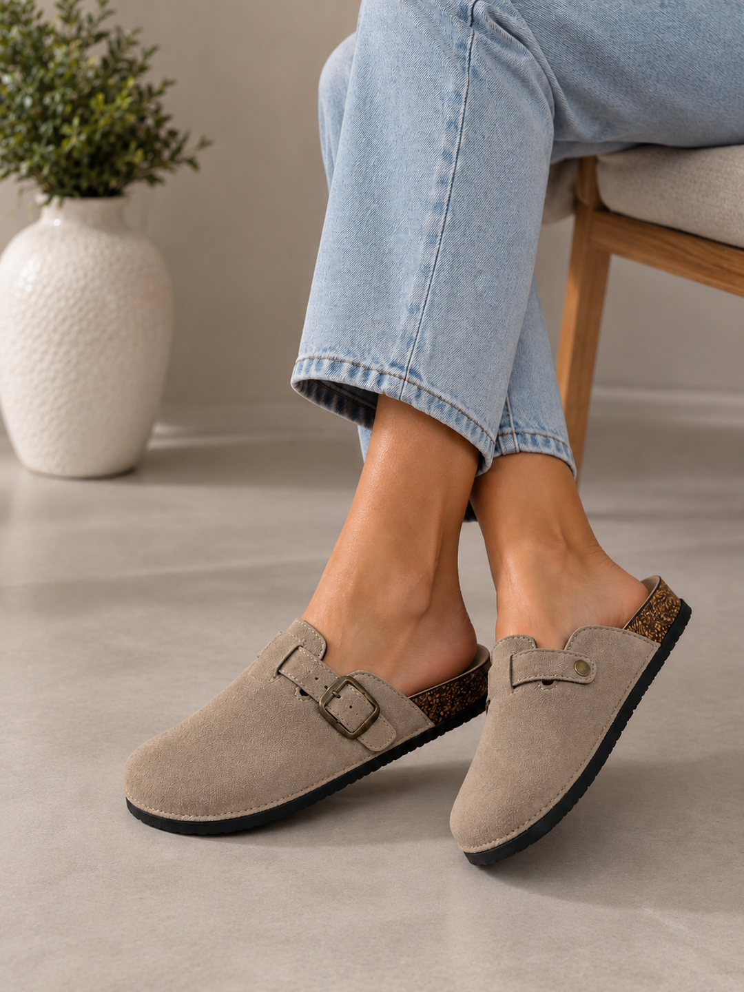 Beige Comfort Buckle Cork Footbed Clogs Slip-On Faux Suede Mules
