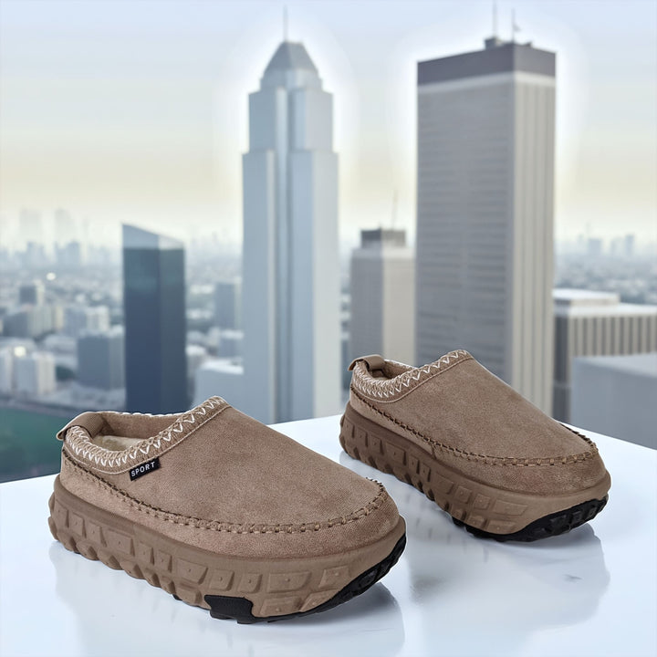 Beige Faux Suede Slip On Chunky Platform Slipper Mules