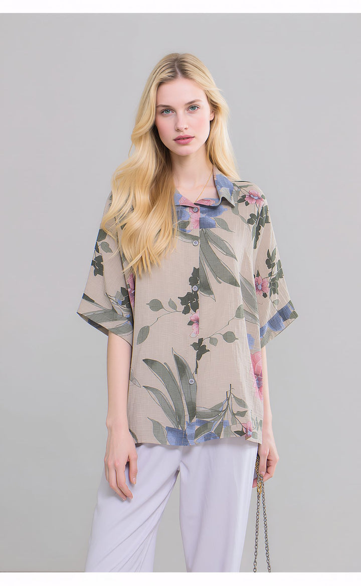 Beige Floral Cotton Button Lightweight Summer Shirt Top