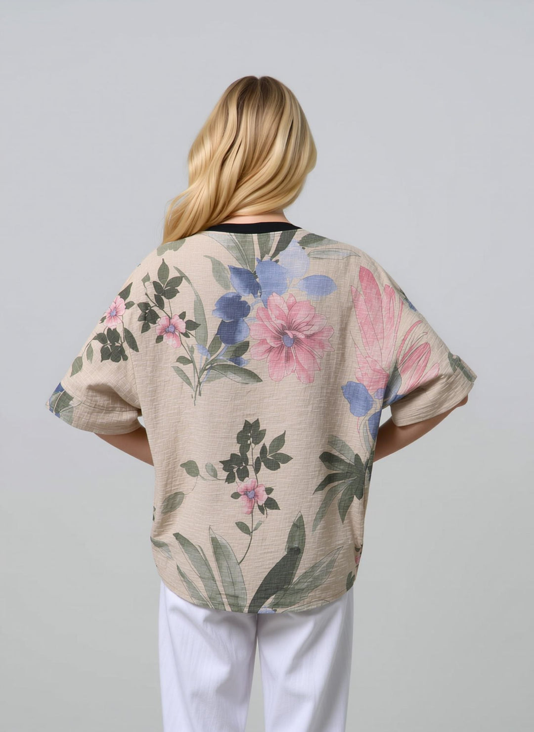 Beige Floral Cotton Button Lightweight Summer Shirt Top