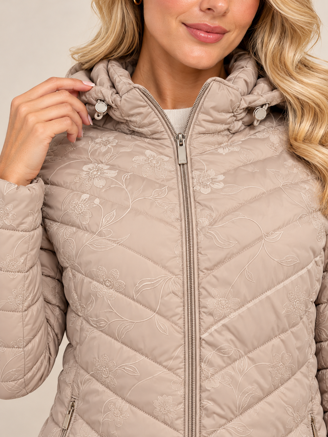 Beige Floral Embroidered Quilted Hooded Padded Jacket