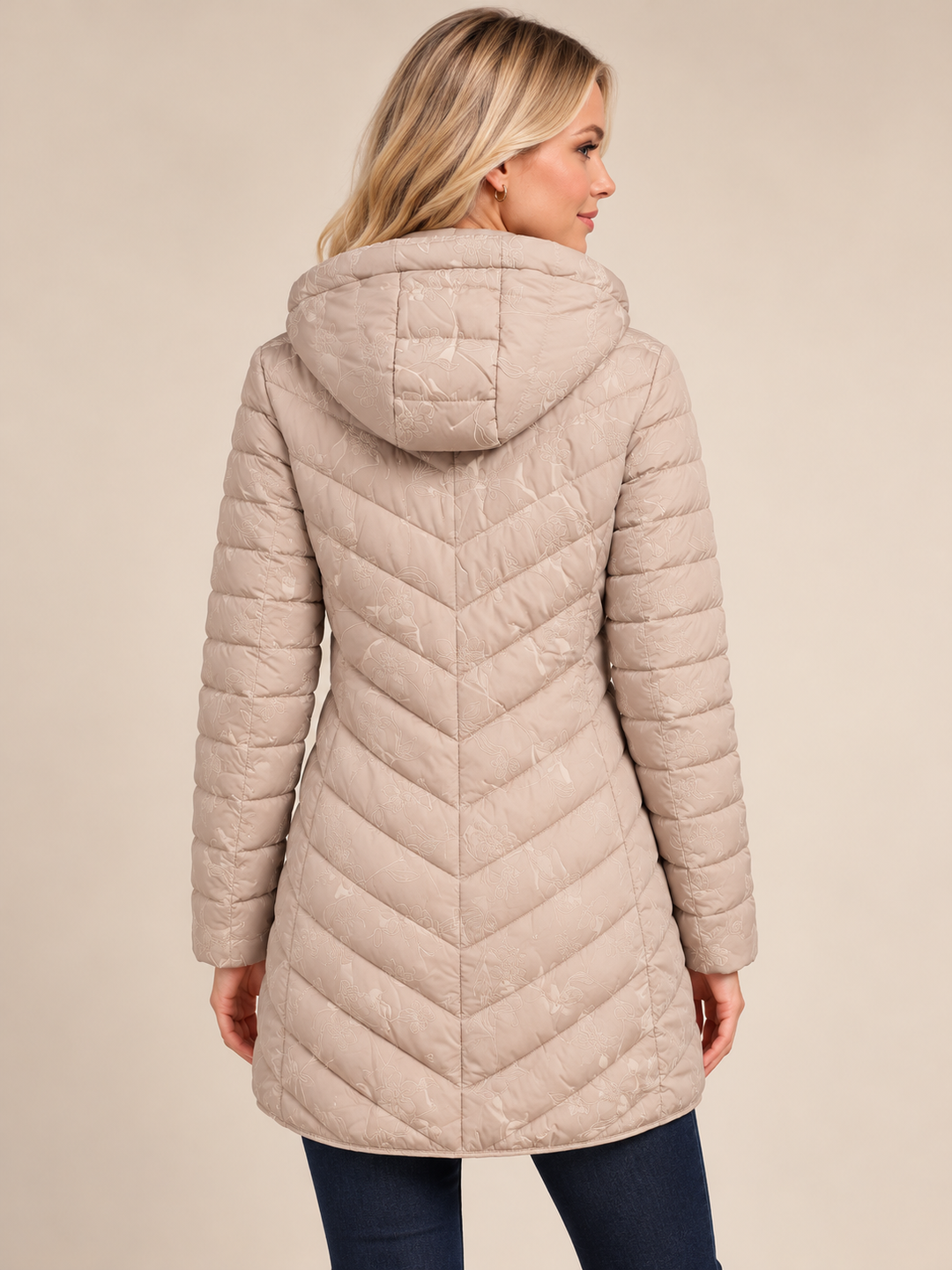 Beige Floral Embroidered Quilted Hooded Padded Jacket