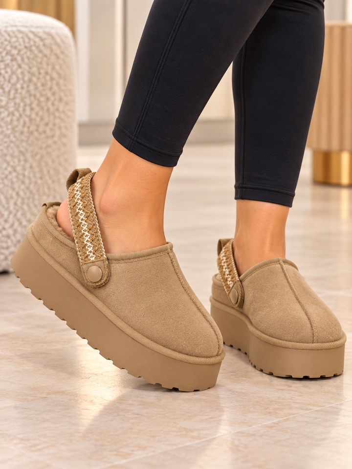 Beige Fur Lined Platform Mule Clogs with Slingback Strap