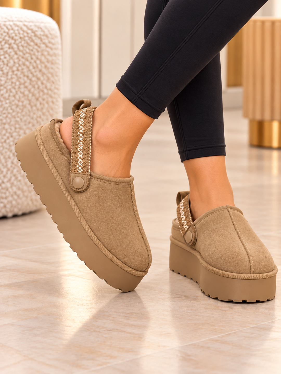 Beige Fur Lined Platform Mule Clogs with Slingback Strap