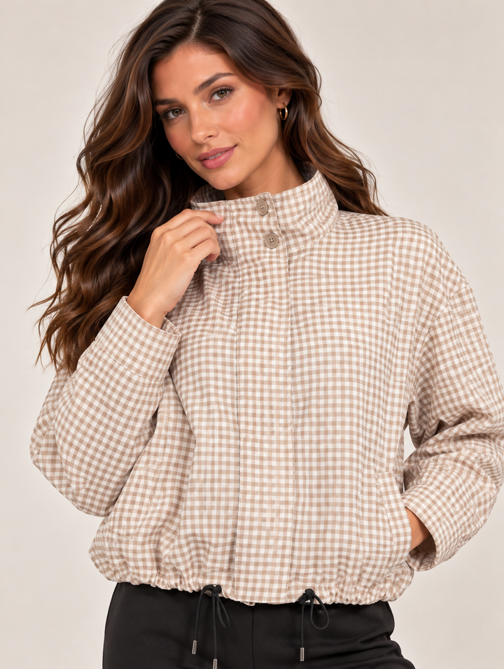 Beige Gingham Check High Neck Lightweight Jacket