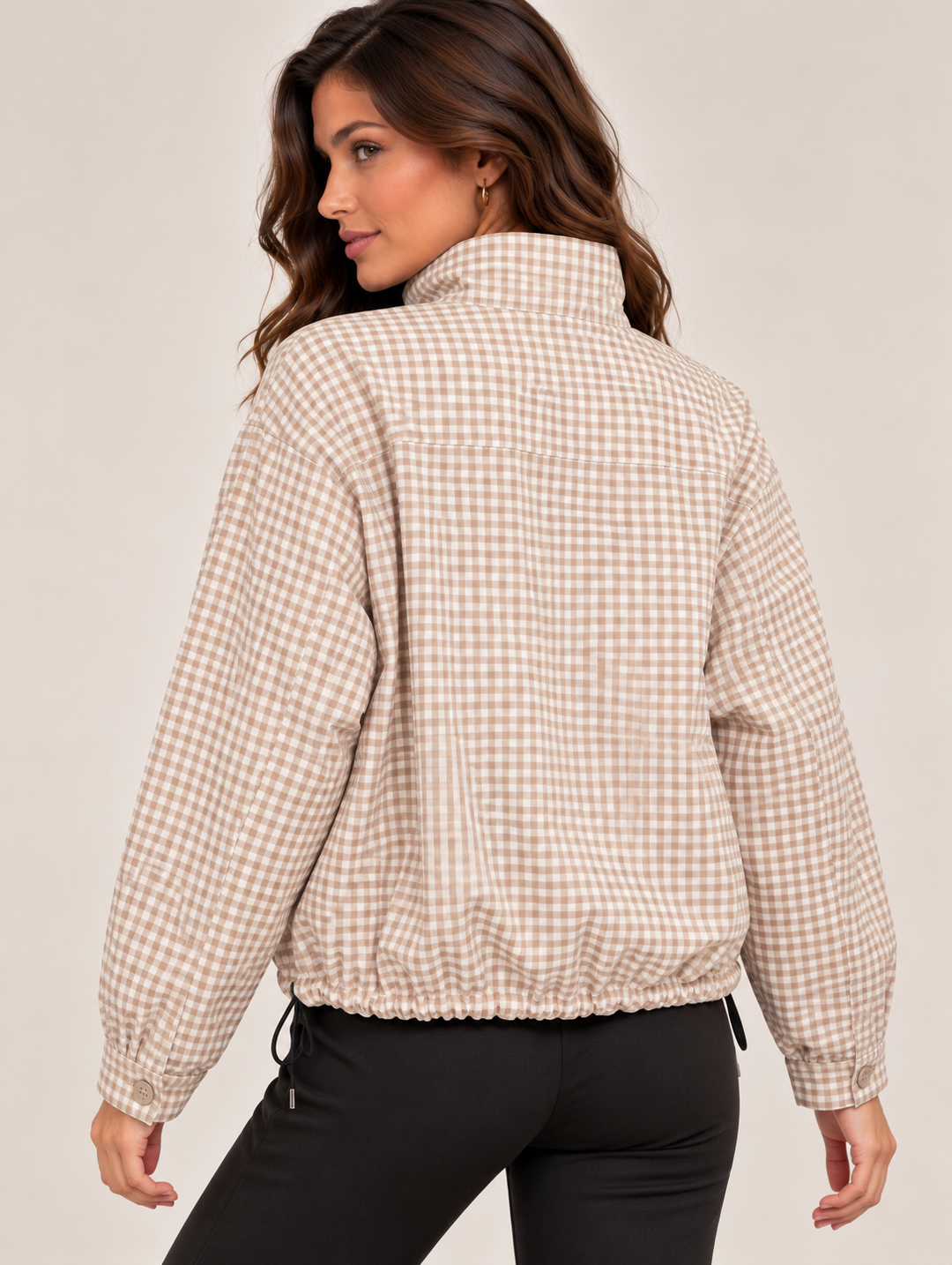 Beige Gingham Check High Neck Lightweight Jacket