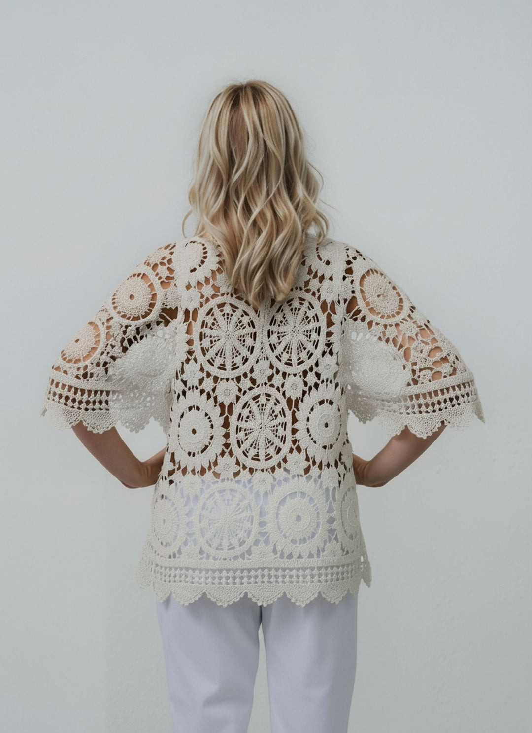 Beige Lace Open Crotchet Kimono Cardigan