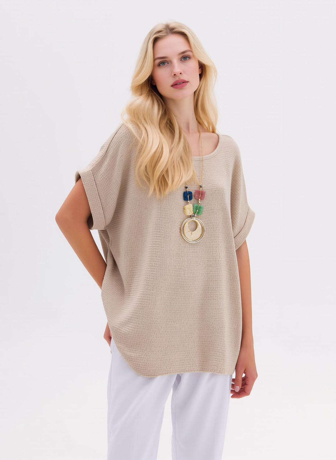 Beige Loose Fit Short Sleeve Casual Waffle Texture Blouse with Necklace