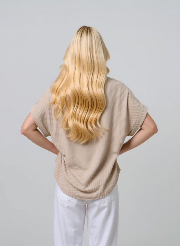 Beige Loose Fit Short Sleeve Casual Waffle Texture Blouse with Necklace