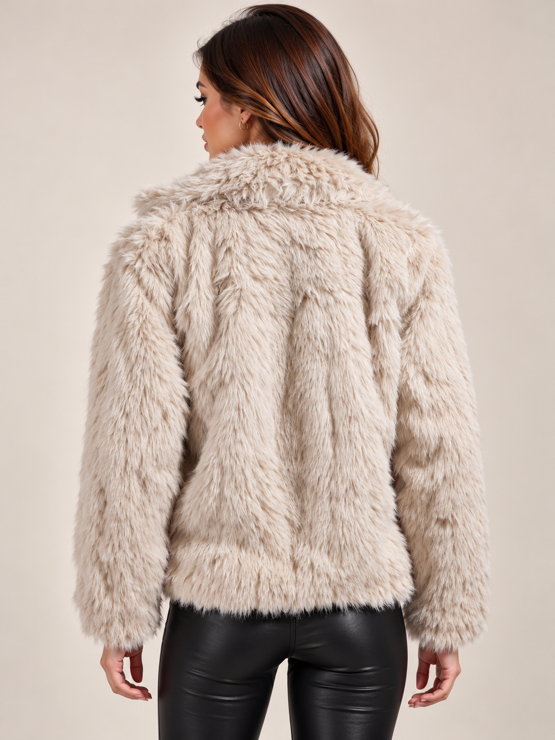 Beige Luxury Shaggy Faux Fur Jacket with Pearl Clasp